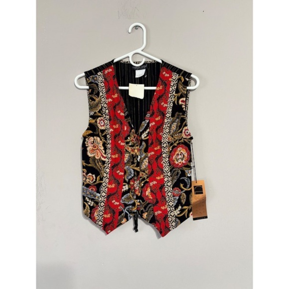 Carole Little Petites Vintage Floral Paisley Pinstripe Vest Red Black Gold 6